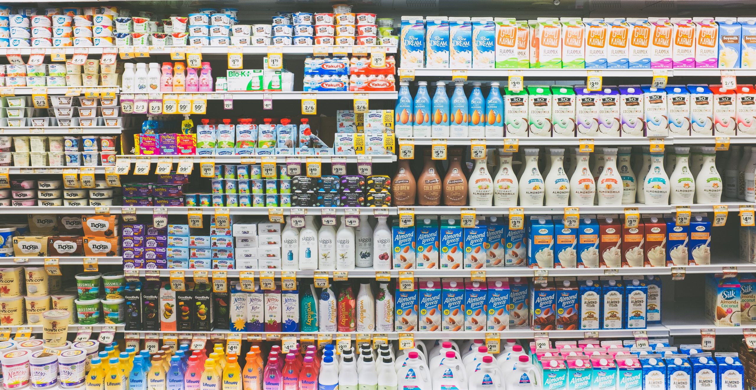 Dairy products on shelves